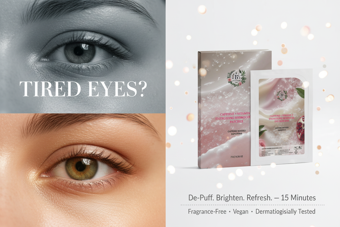Hero image — Caffeine + Vitamin C Energizing Hydrogel Eye Patches by B's Botanicals — de-puff, brighten and hydrate tired under-eyes in 15 minutes