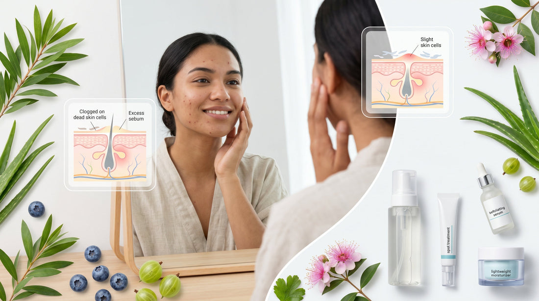 Acne skincare routine featuring salicylic acid, tea tree oil, gentle cleansing, moisturising and botanical ingredients for clearer, healthier-looking skin.