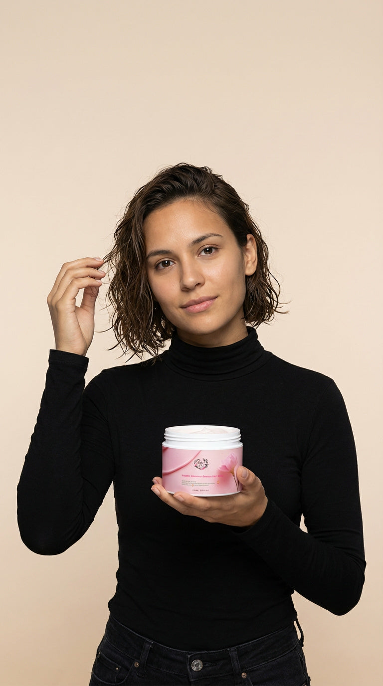 A woman holding a hair intensive rescue treatment for hair regeneration