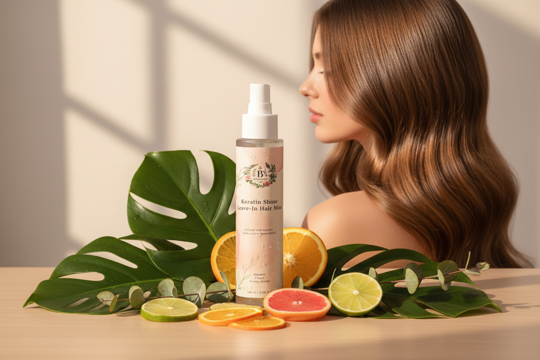 Keratin Shine Leave-In Hair Mist bottle with botanical elements
