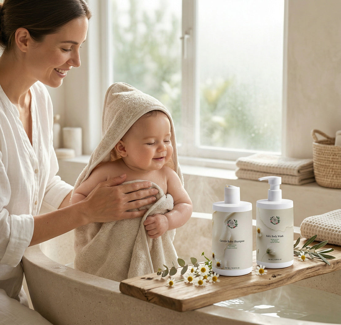 Mother gently bathing baby with B’s Botanicals Gentle Baby Shampoo and Baby Body Wash, natural and organic baby skincare.