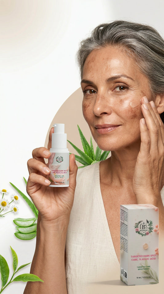 Mature woman applying Targeted Dark Spot Care 1% Kojic Acid serum to her face, showing brightening and even-toned skin results, skincare for hyperpigmentation.