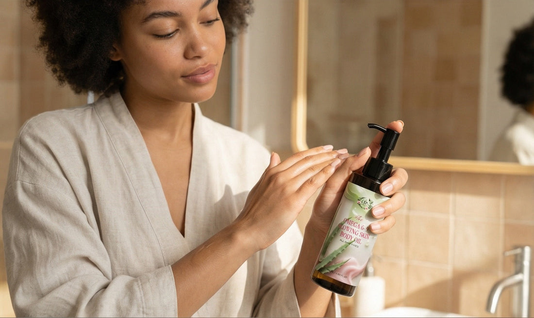 Woman applying Omega‑6 + 9 Glowing Skin Body Oil on her hand, demonstrating gentle hydration and smooth skin texture