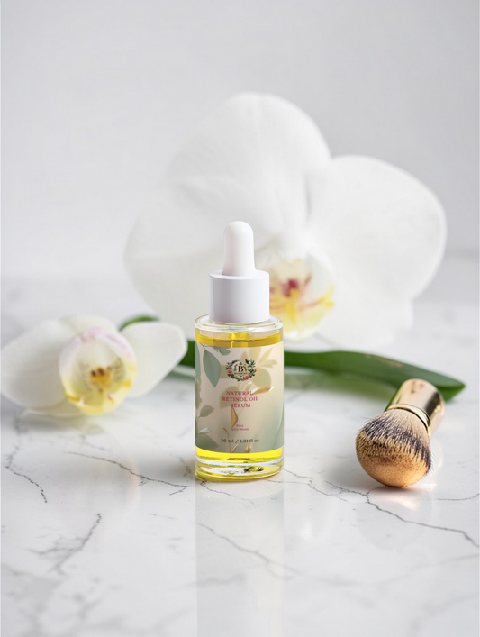 Natural Retinol Oil Serum dropper bottle on marble