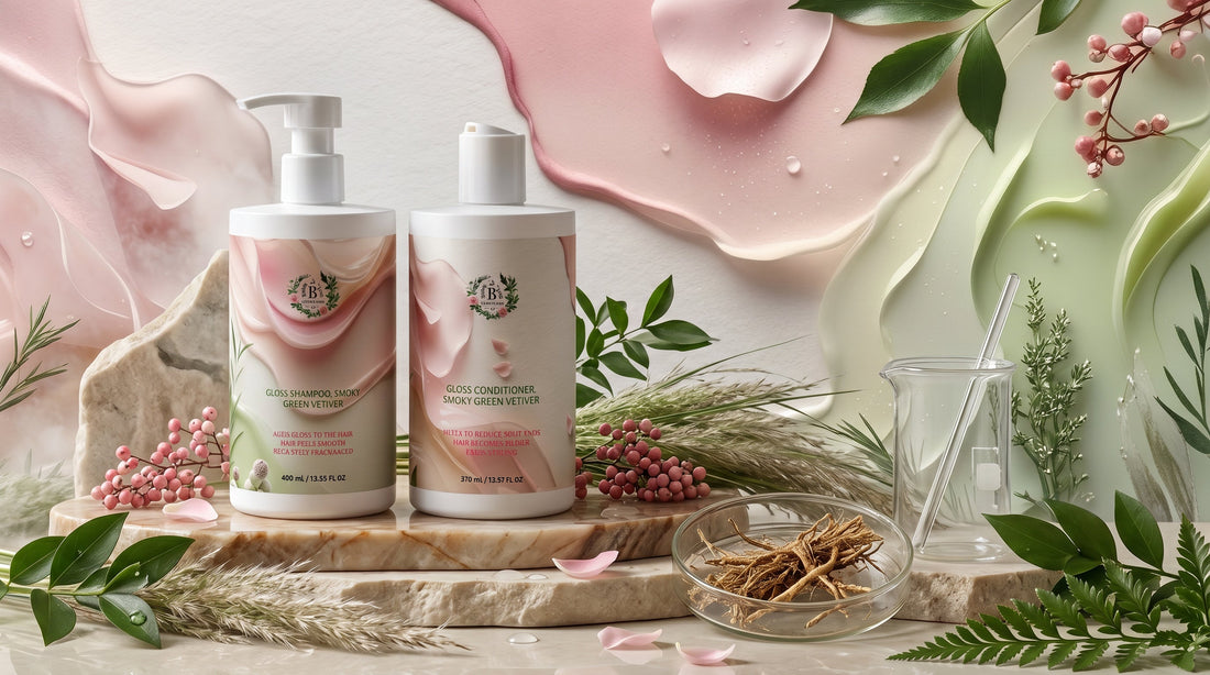 Botanical Gloss Shampoo and Gloss Conditioner in Smoky Green Vetiver luxury haircare duo, a botanical haircare ritual designed to cleanse, nourish, soften, and enhance smooth, glossy-looking hair.