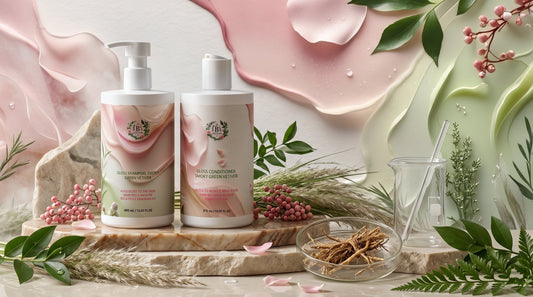 Botanical Gloss Shampoo and Gloss Conditioner in Smoky Green Vetiver luxury haircare duo, a botanical haircare ritual designed to cleanse, nourish, soften, and enhance smooth, glossy-looking hair.