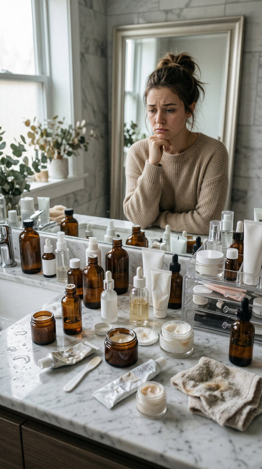 overwhelmed skincare routine with multiple products showing confusion and ineffective skincare habits
