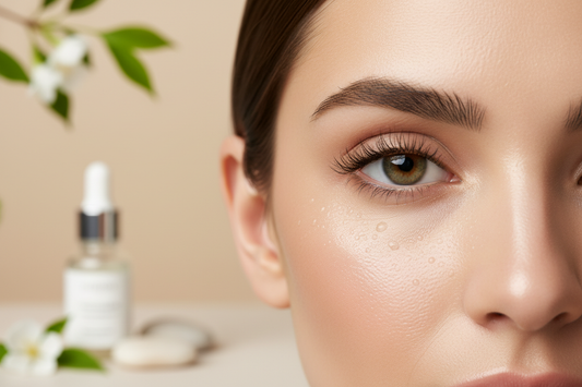 Close-up of a woman's dewy, well-hydrated under-eye area — B's Botanicals Peptide Age-Defying Eye Cream for fine lines and tired-looking eyes