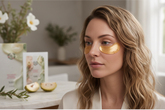 Close-up of a woman applying gold hydrogel eye patches with botanical skincare ingredients — B's Botanicals Anti-Fatigue Hydrogel Eye Patches
