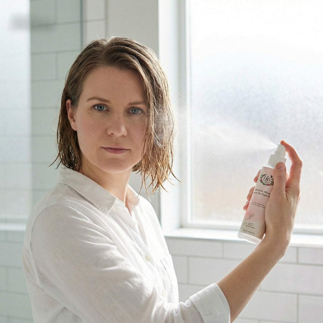 A woman using a botanical hair mist cosmetic product.