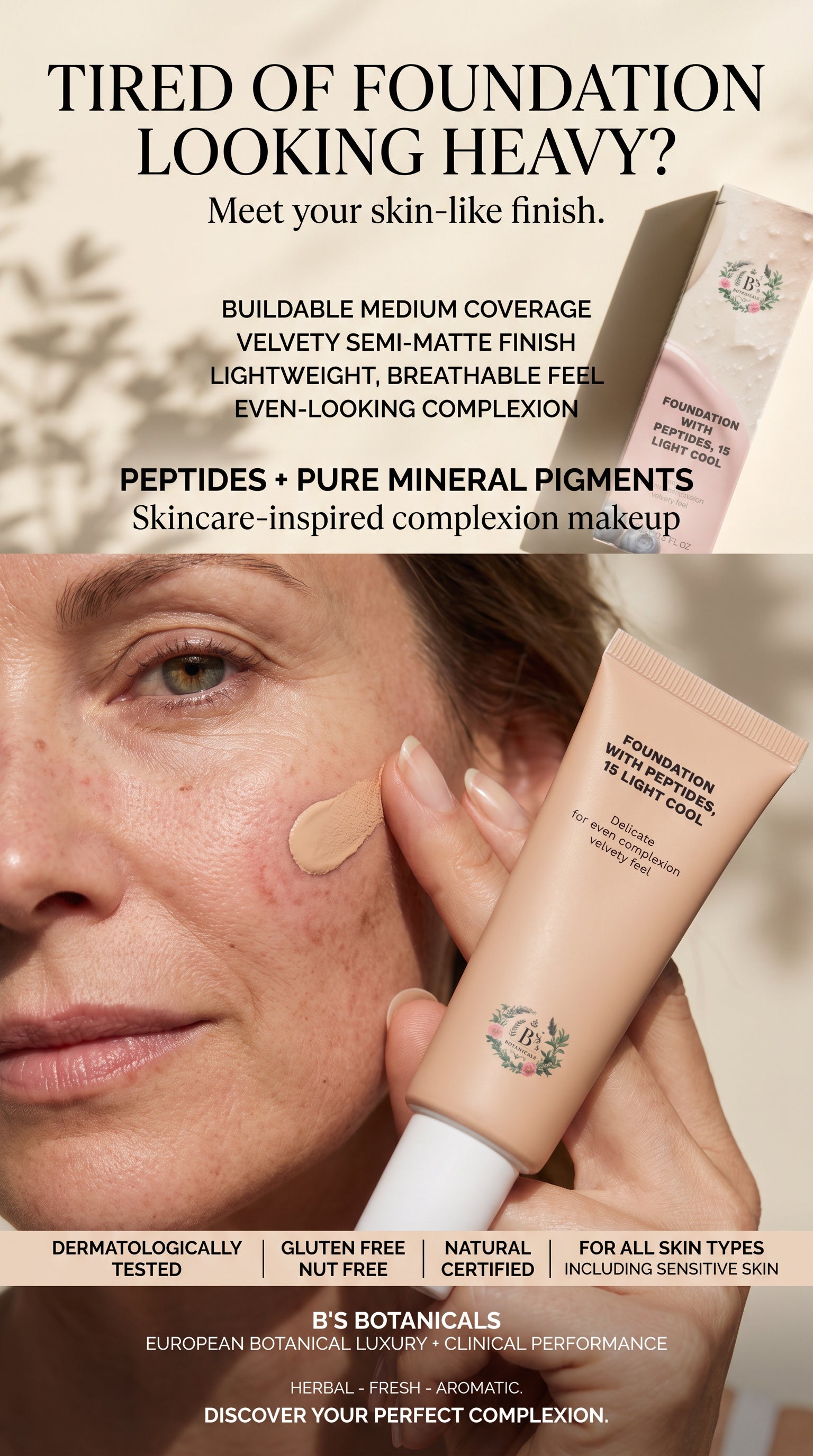 Close-up of B's Botanicals Foundation with Peptides blending seamlessly into skin for a smooth, skin-like and even-looking complexion.