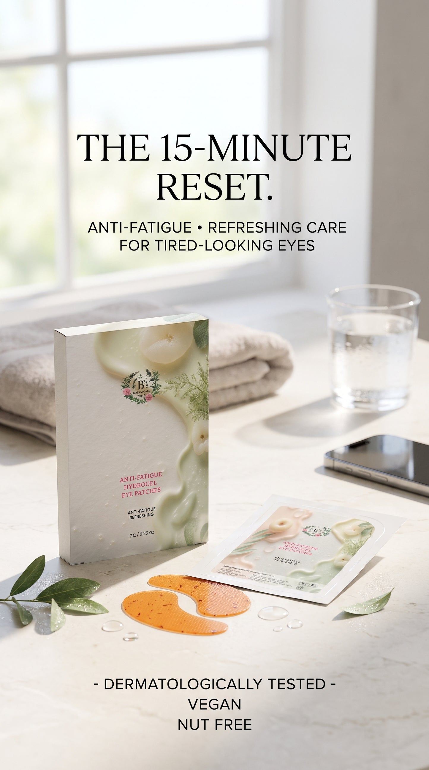B’s Botanicals Hydrogel Eye Patches for normal and dry skin, designed to refresh and hydrate the delicate under-eye area.