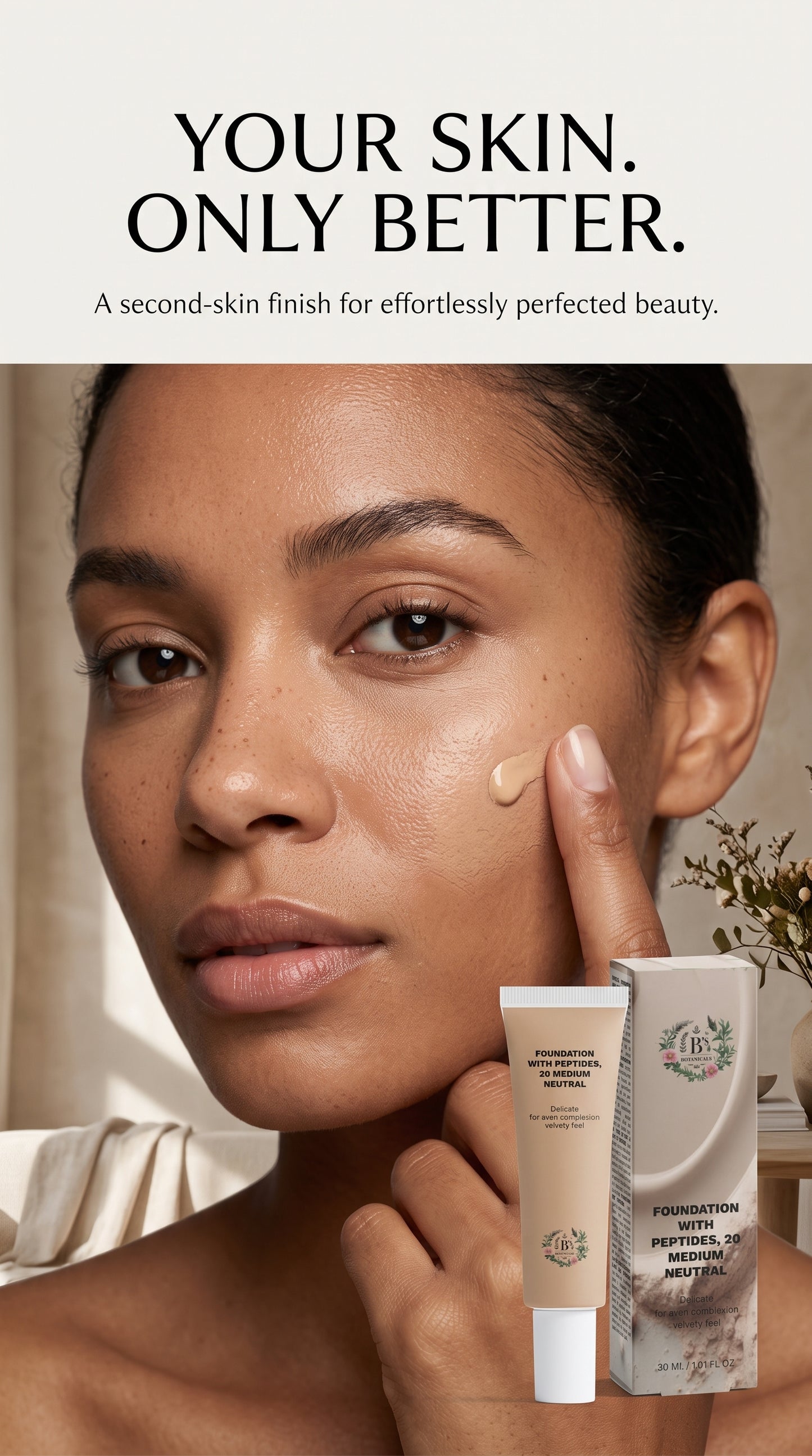 Peptide-enriched foundation with buildable coverage creating a natural polished complexion