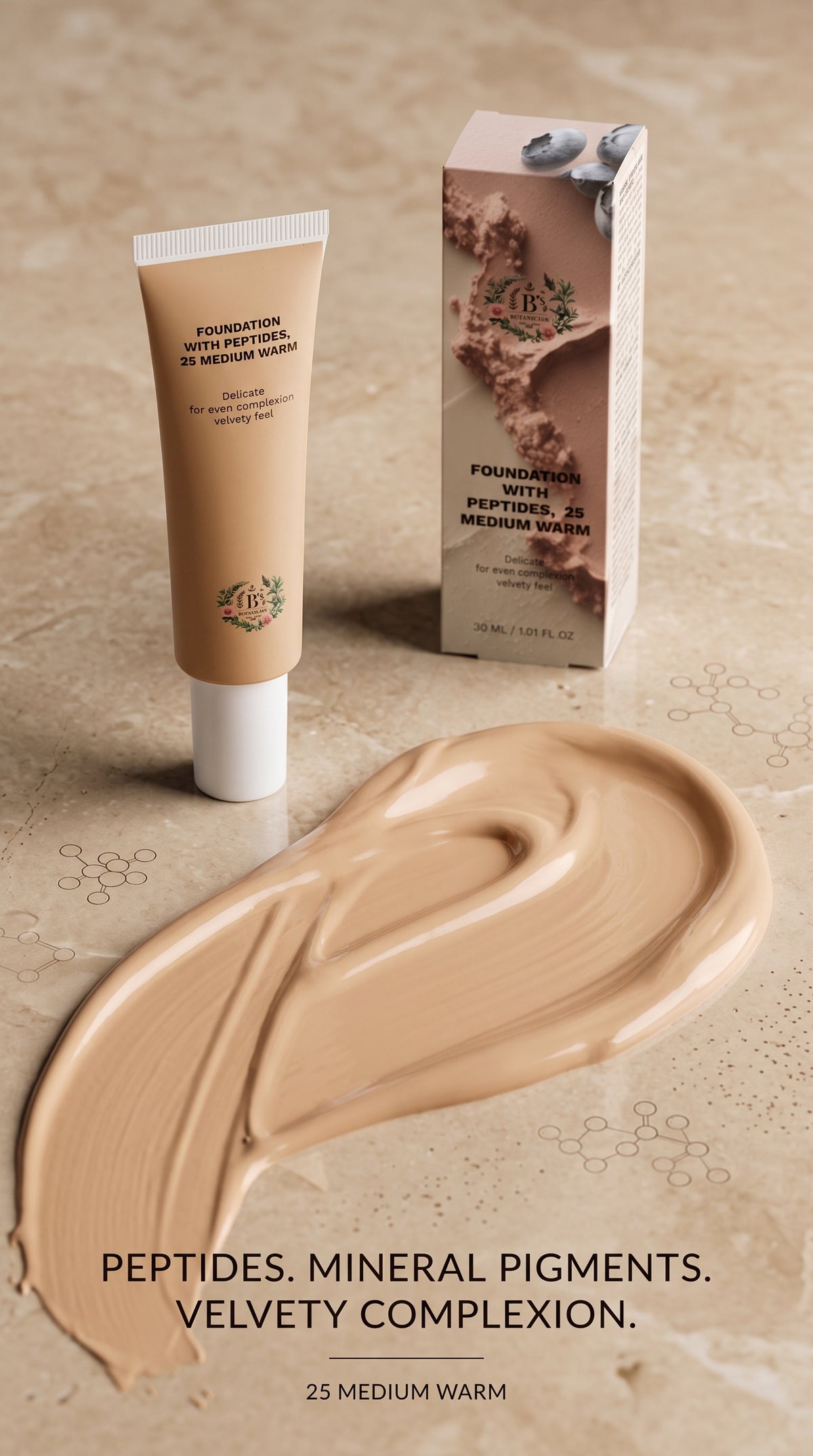 Peptide Foundation in 25 Medium Warm with pure mineral pigments, presented as a premium skincare-inspired complexion formula.