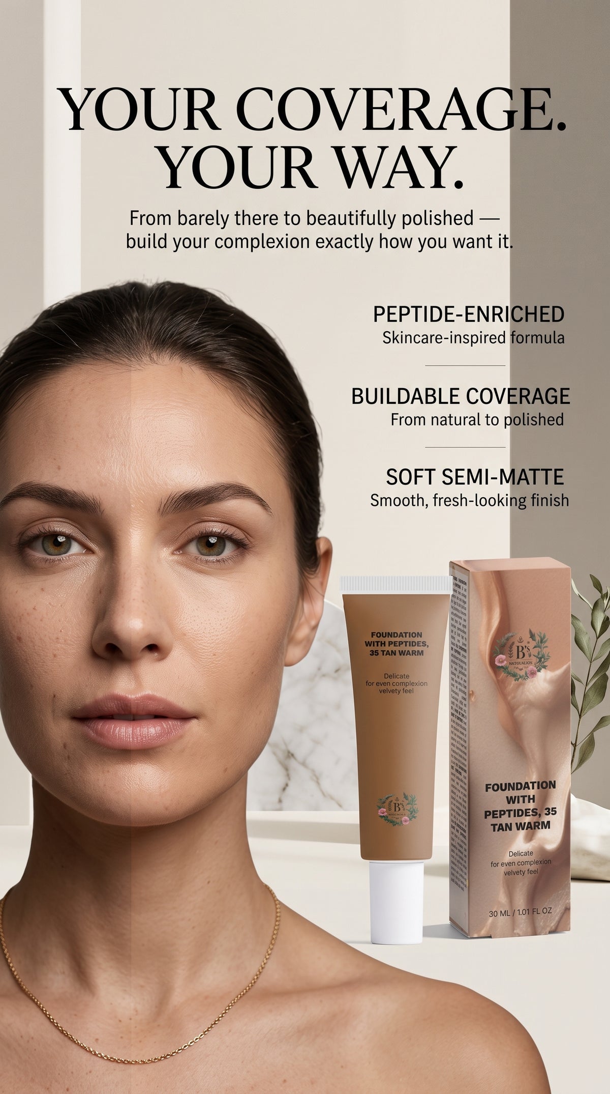 Hydrating 35 Tan Warm peptide foundation for tan skin with warm undertones, offering buildable coverage, hyaluronic acid hydration and a smooth velvety semi-matte finish.