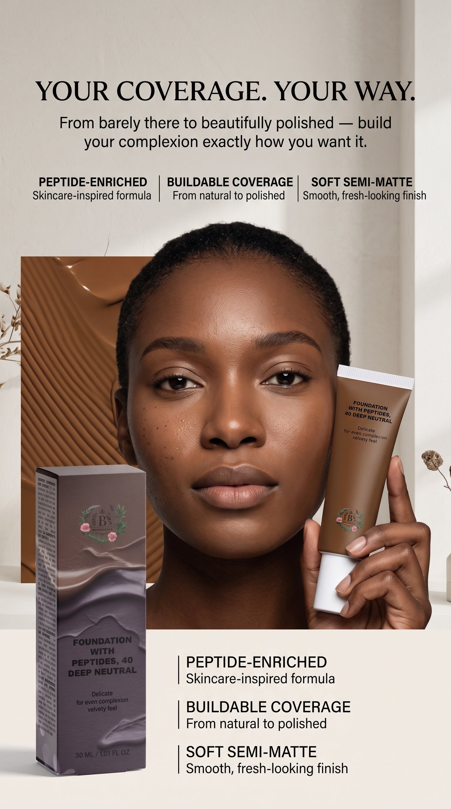 40 Deep Neutral foundation swatch showing rich neutral colour and smooth semi-matte texture