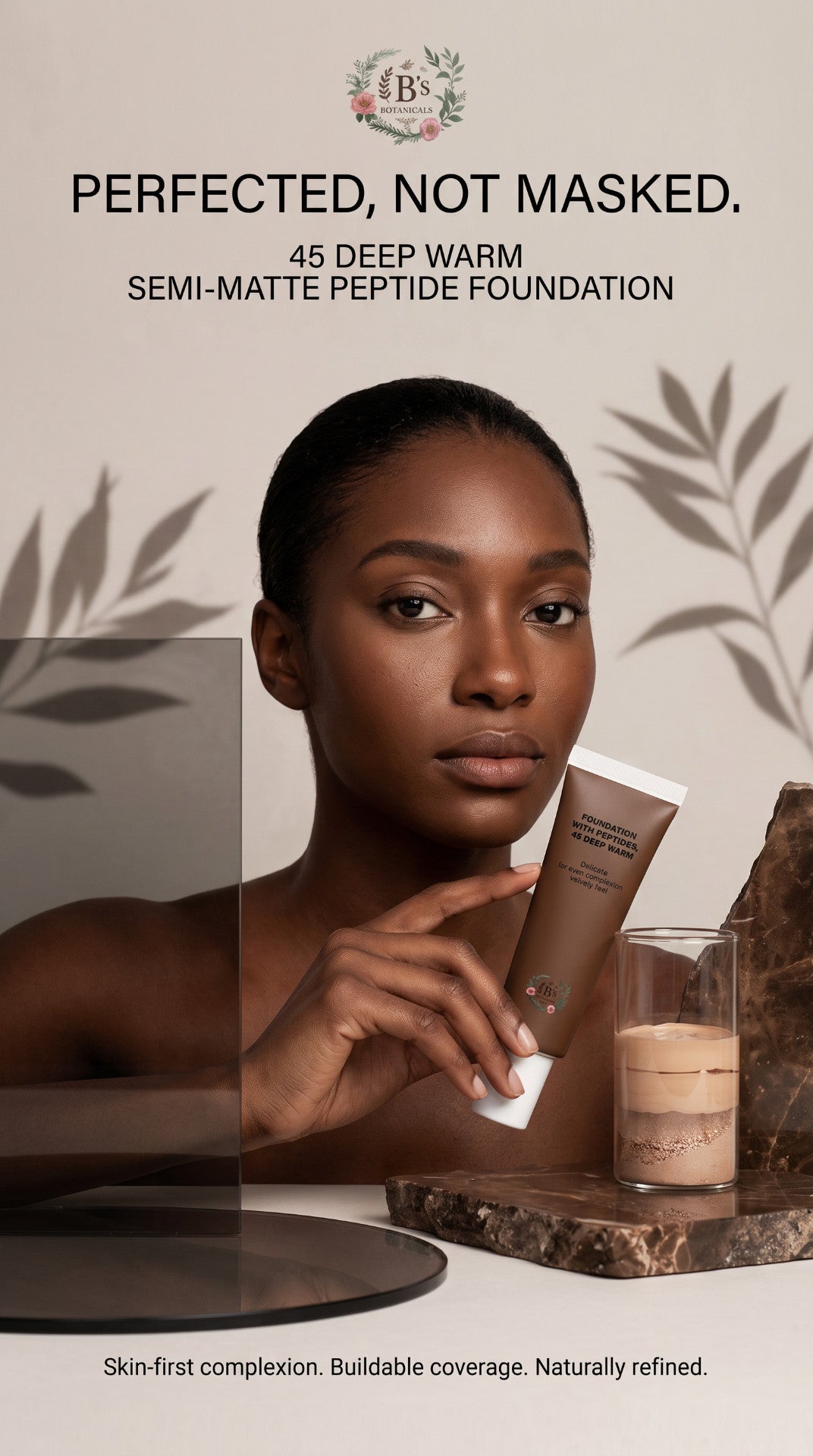 Buildable foundation for deep warm complexions with refined natural-looking coverage.