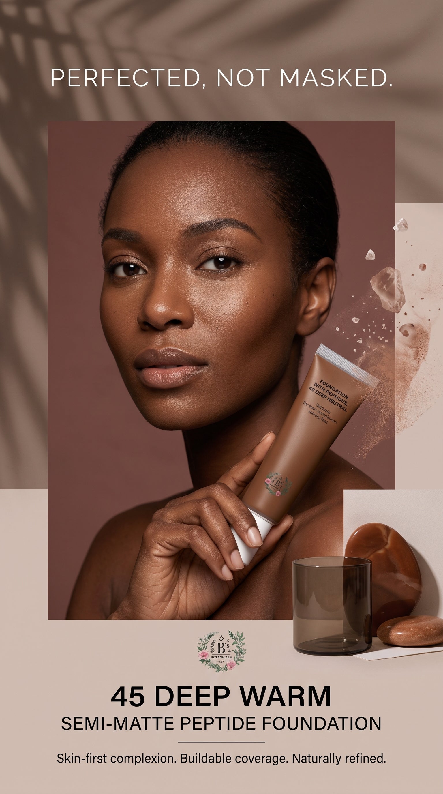 Buildable foundation for deep warm complexions with refined natural-looking coverage.