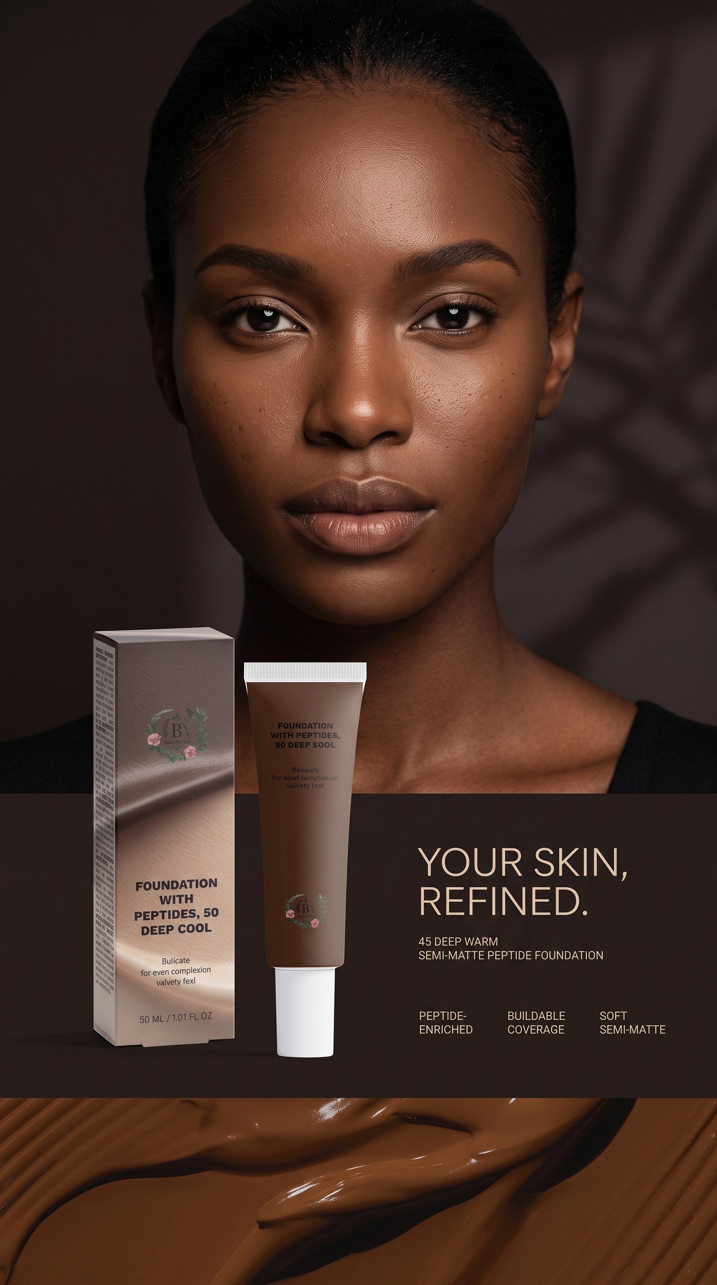 50 Deep cool Semi-Matte Peptide Foundation for deep warm skin with smooth, natural-looking buildable coverage