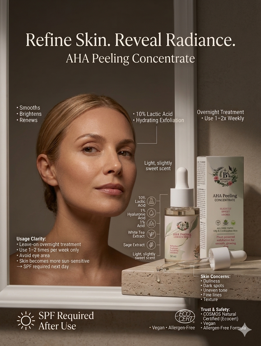 aha peeling concentrate vegan, allergen free and cosmos certified with woman in background.