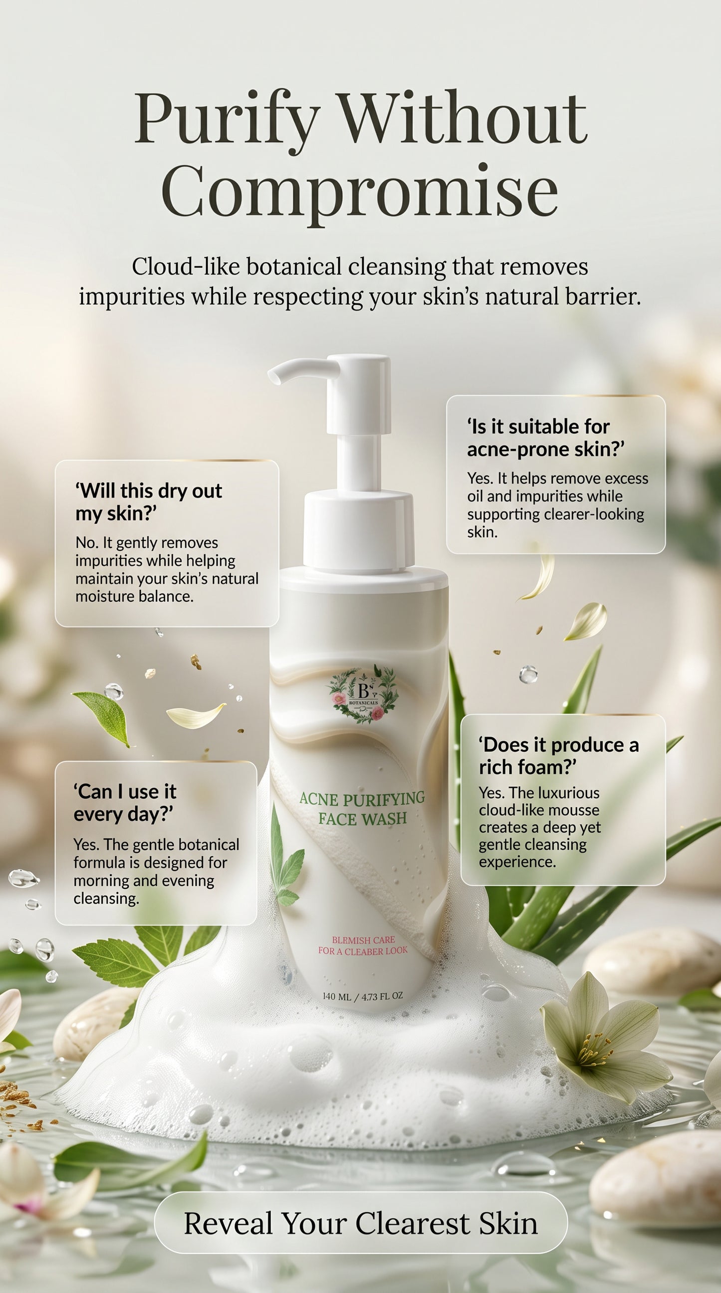 Acne Purifying Face Wash displayed in a luxury botanical skincare setting with rich creamy cleansing foam, fresh botanical ingredients and crystal-clear water, designed for gentle daily cleansing of acne-prone, oily and blemish-prone skin.