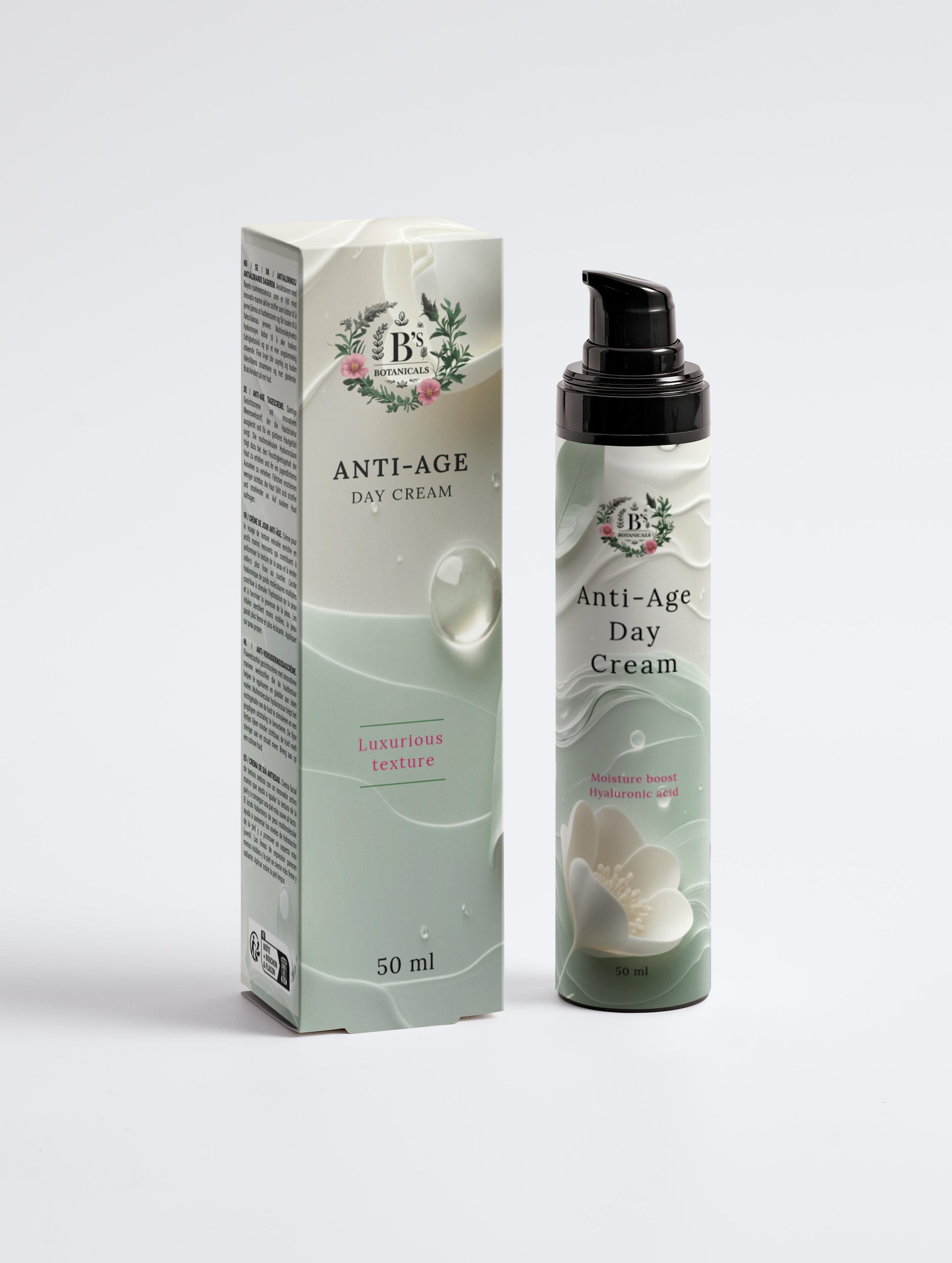 Luxury anti-age moisturizer with natural botanical ingredients, presented in soft lighting skincare setup, aimed at deeply hydrating the skin, smoothing texture, and enhancing a healthy glowing complexion.