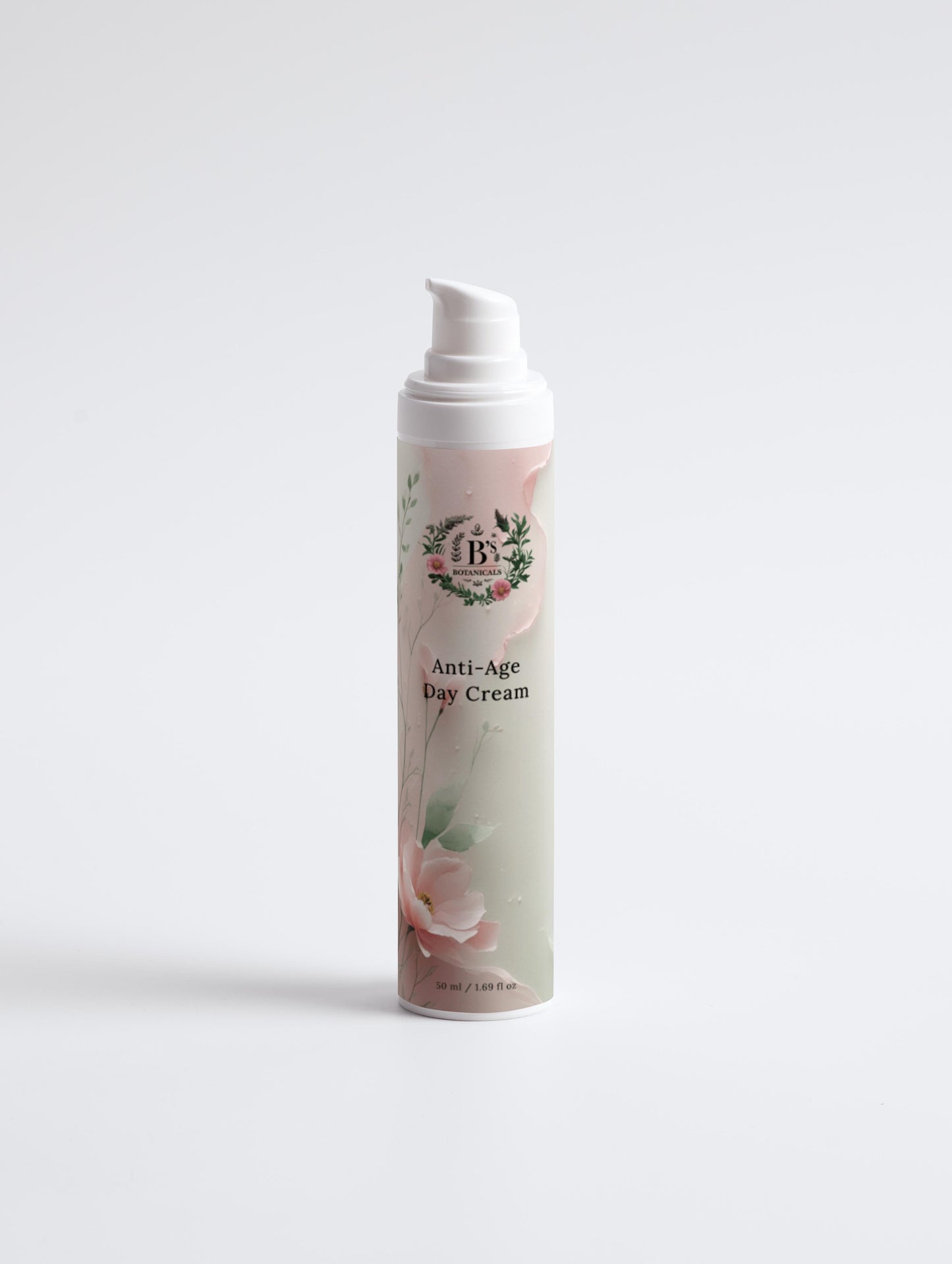 Anti-aging day cream bottle with floral design on a white background