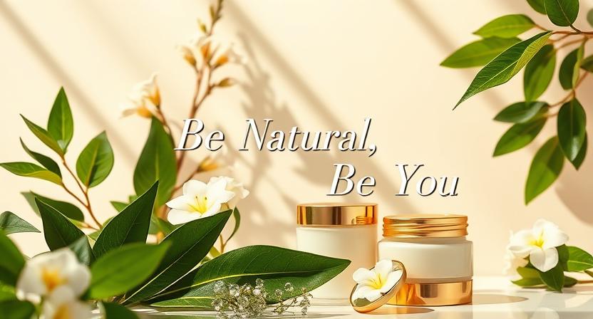 Cosmetic jars with green leaves and flowers on a neutral background with 'Be Natural, Be You' text.