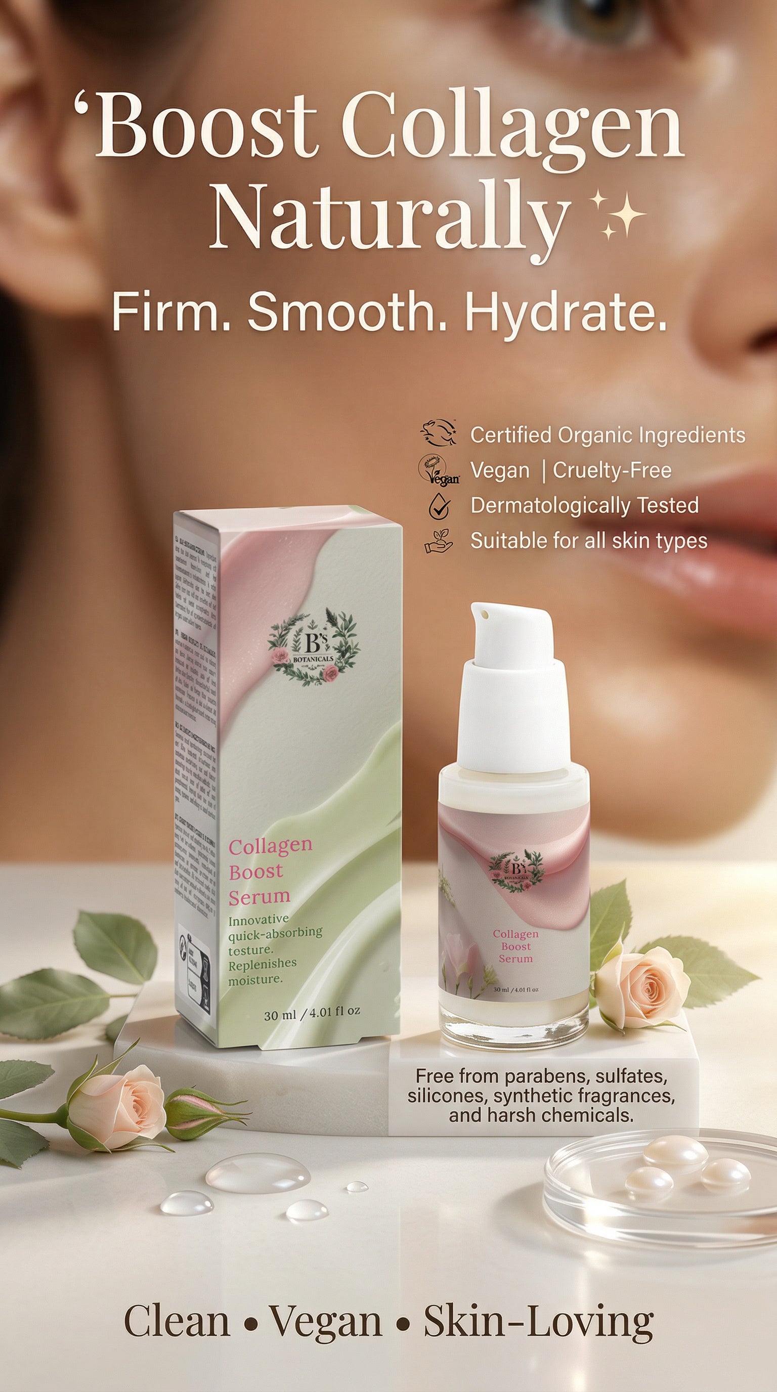 Collagen Boost Serum by B’s Botanicals designed to reduce fine lines, boost skin elasticity, deeply hydrate, and promote a firm, smooth, and radiant youthful complexion naturally.
