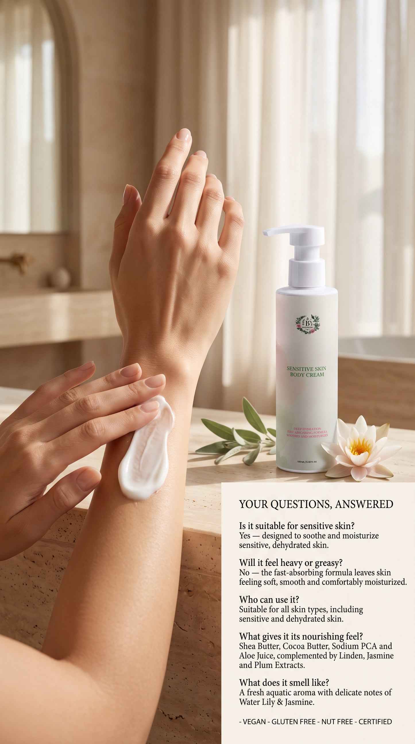 Hands applying B’s Botanicals Sensitive Skin Body Cream to the skin, showing gentle moisturizing care for sensitive and dehydrated skin.