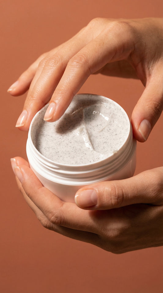 Icelandic Volcano Body Scrub with open cap showing texture for exfoliating and smooth skin