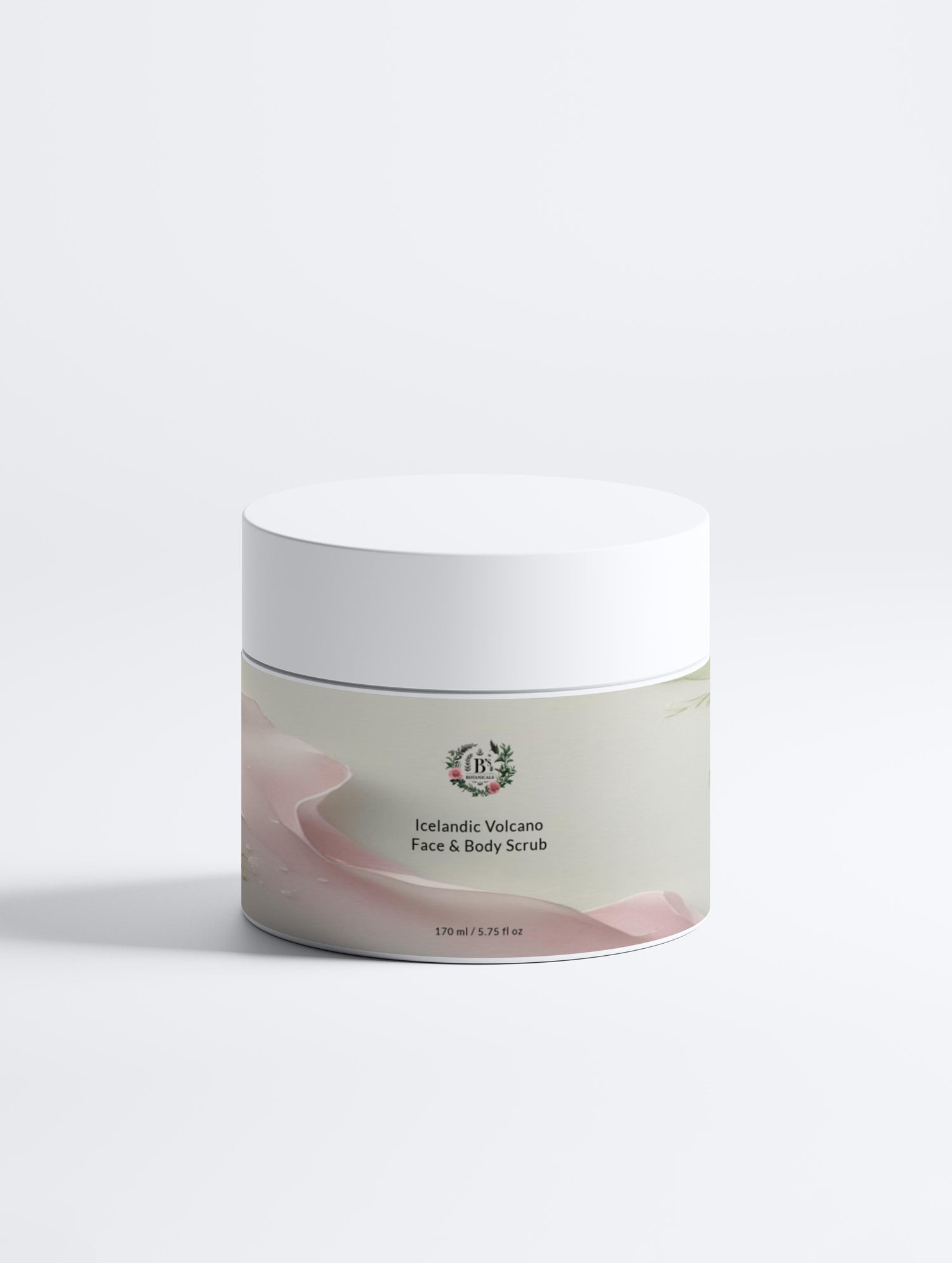 Jar of face and body scrub with a white lid on a light gray background