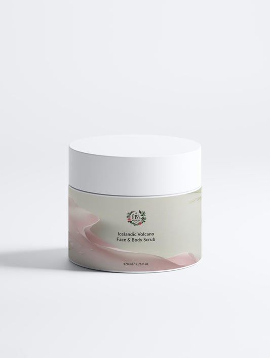 Jar of face and body scrub with a white lid on a light gray background