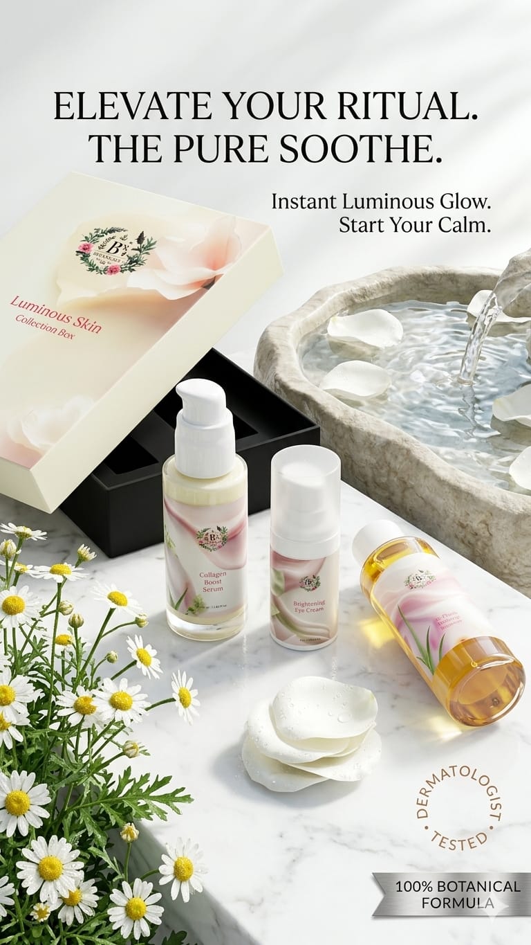 Cosmetic products on a stone surface with flowers and water feature, promoting 'The Pure Soothe' skincare line.