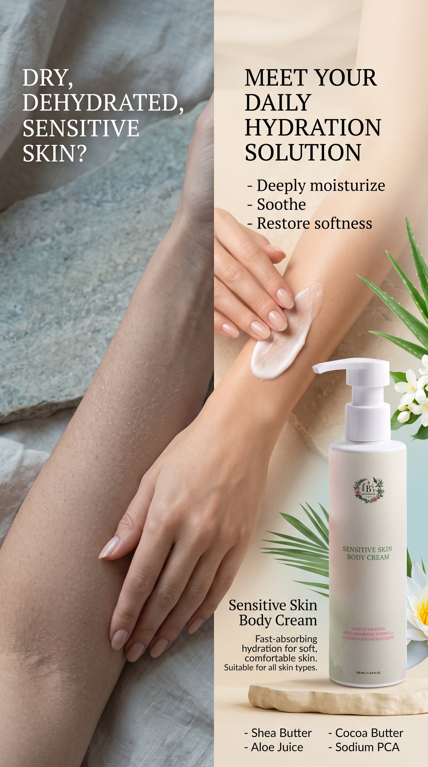 B’s Botanicals vegan sensitive skin body cream for all skin types with an aquatic fresh water lily and jasmine aroma, gluten free and nut fre