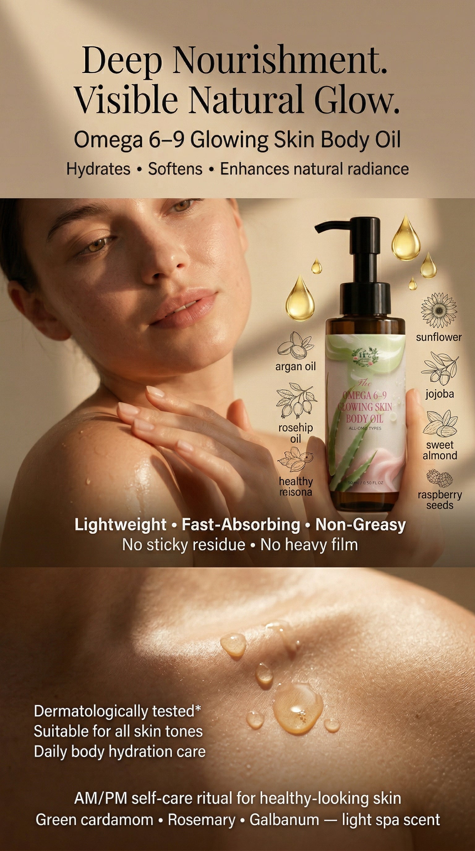 Advertisement for Omega 6-9 Glowing Skin Body Oil with a woman applying the oil to her shoulder.