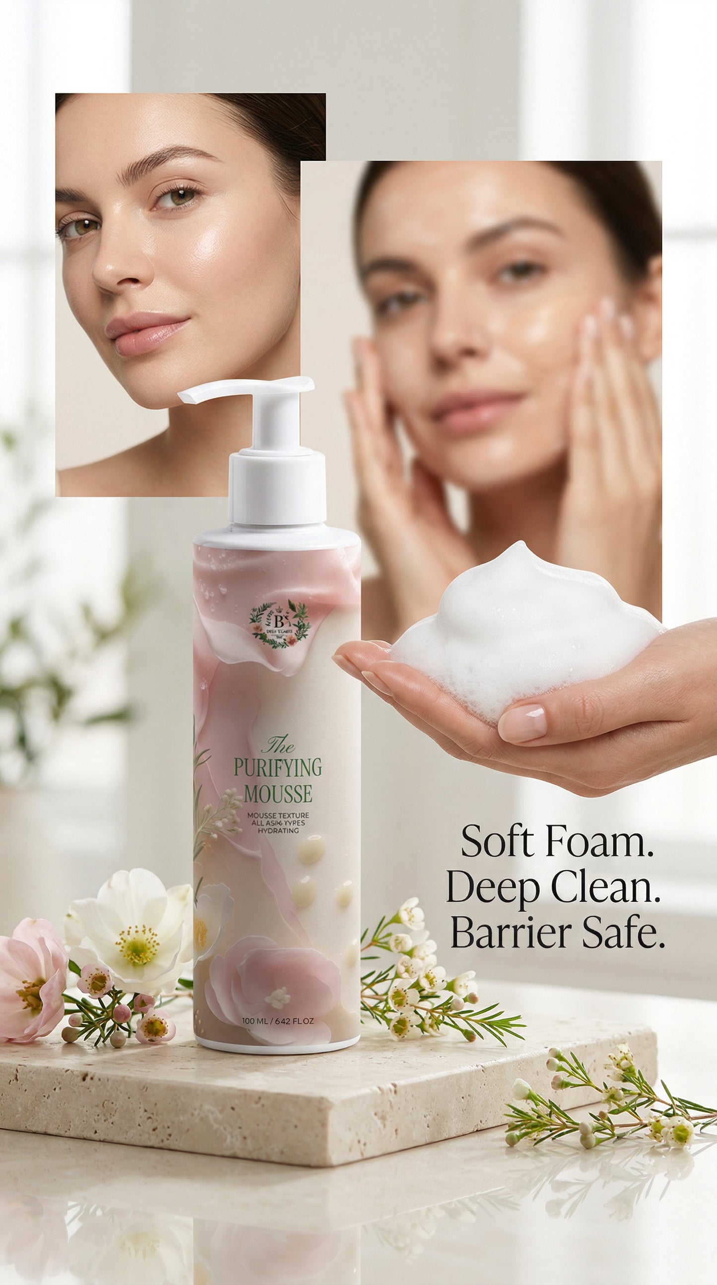 Purifying mousse facial cleanser with light airy foam texture, gently cleansing skin while maintaining hydration and supporting the skin barrier