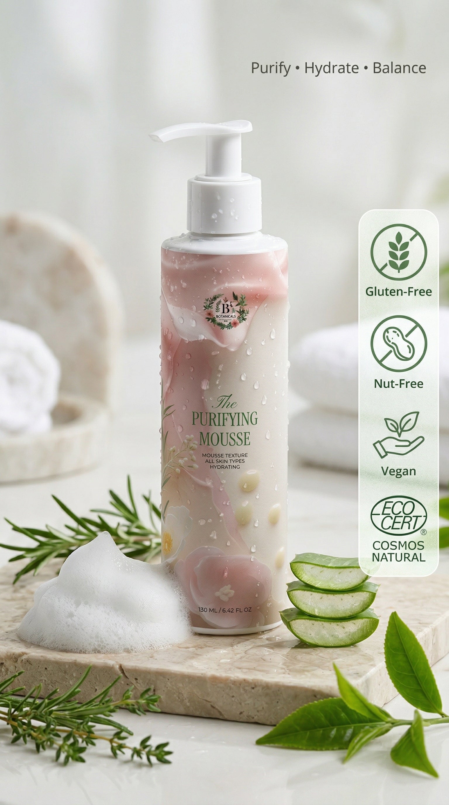 Soft foaming face cleanser removing makeup and impurities, suitable for all skin types, leaving skin clean, balanced, and refreshed