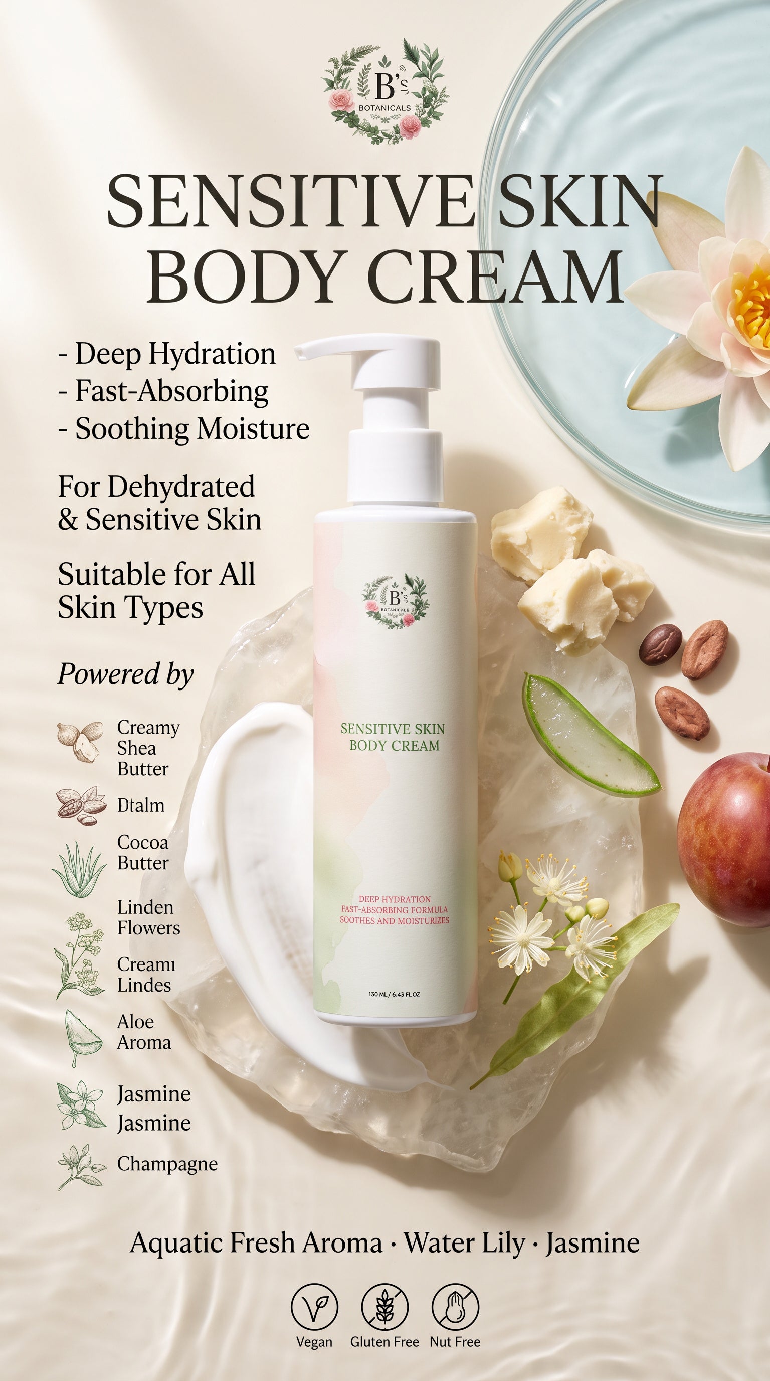 B’s Botanicals Sensitive Skin Body Cream for dehydrated and sensitive skin, with deep hydration and a fast-absorbing moisturizing formula.