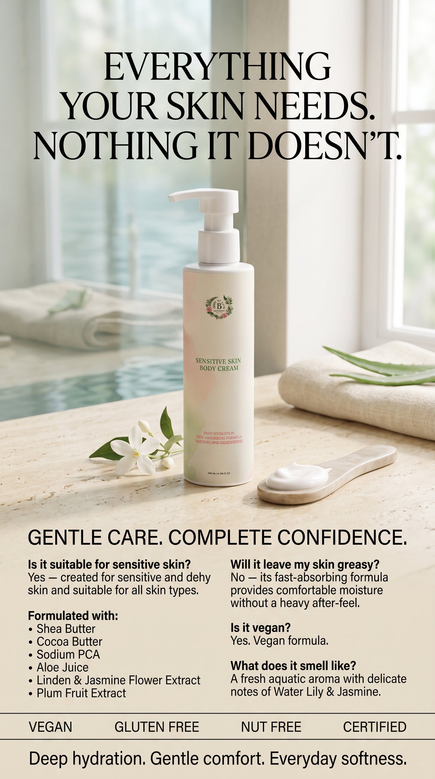B’s Botanicals Sensitive Skin Body Cream providing deep hydration for sensitive and dehydrated skin with a fast-absorbing, soothing formula.