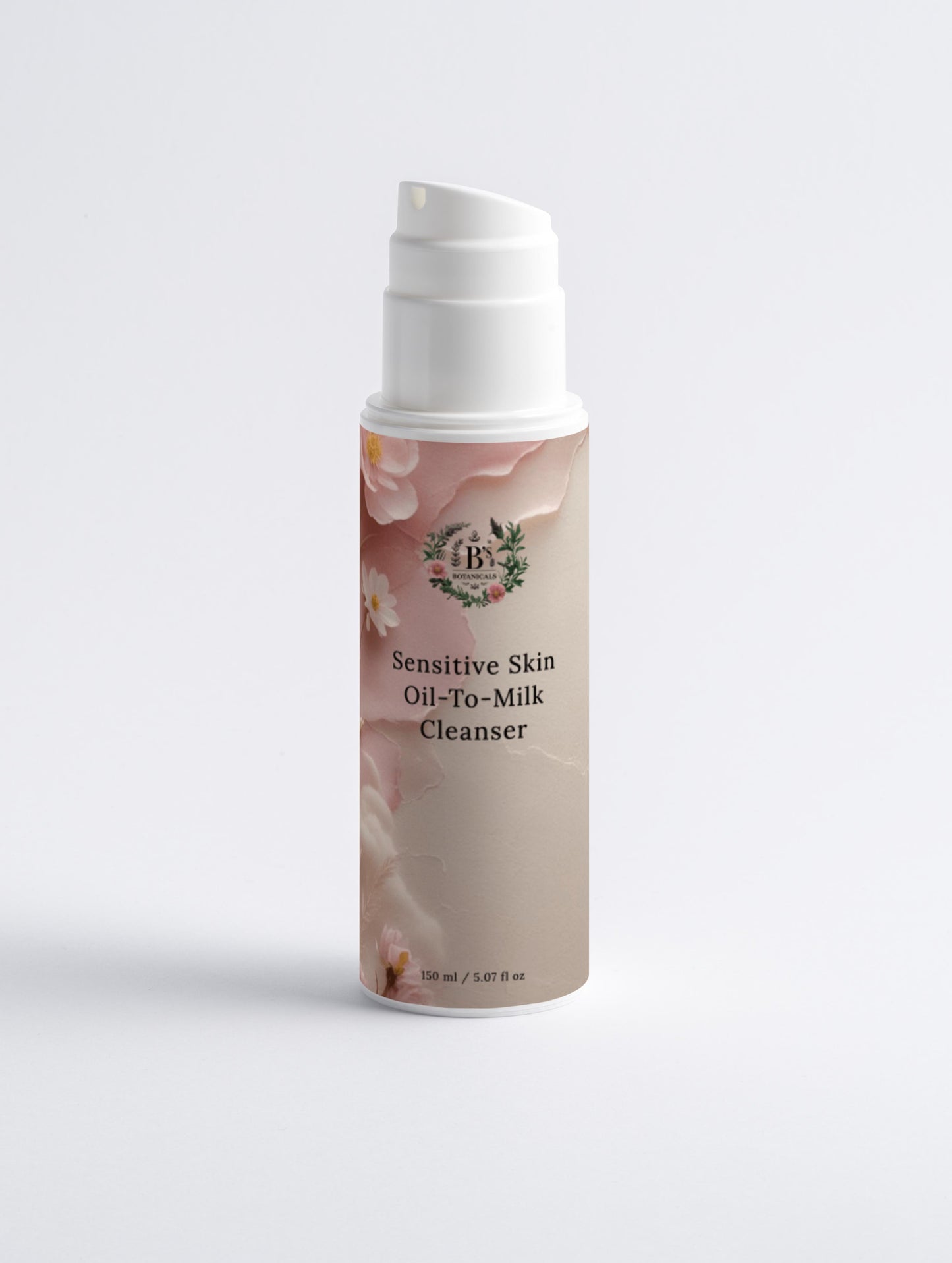 Skincare bottle with floral design and text on a light gray background