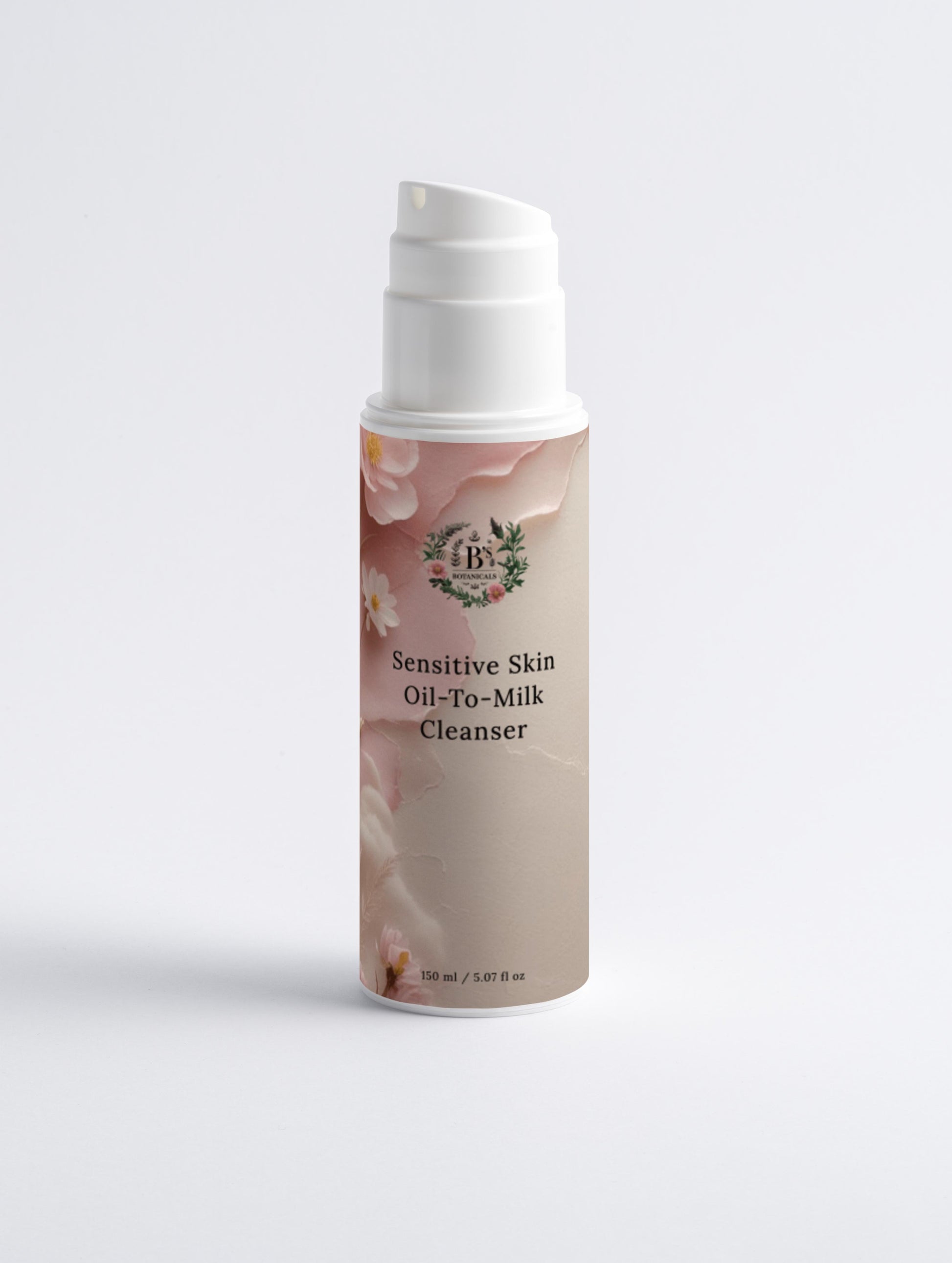 Skincare bottle with floral design and text on a light gray background