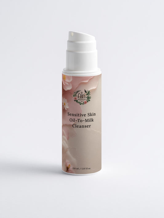 Skincare bottle with floral design and text on a light gray background