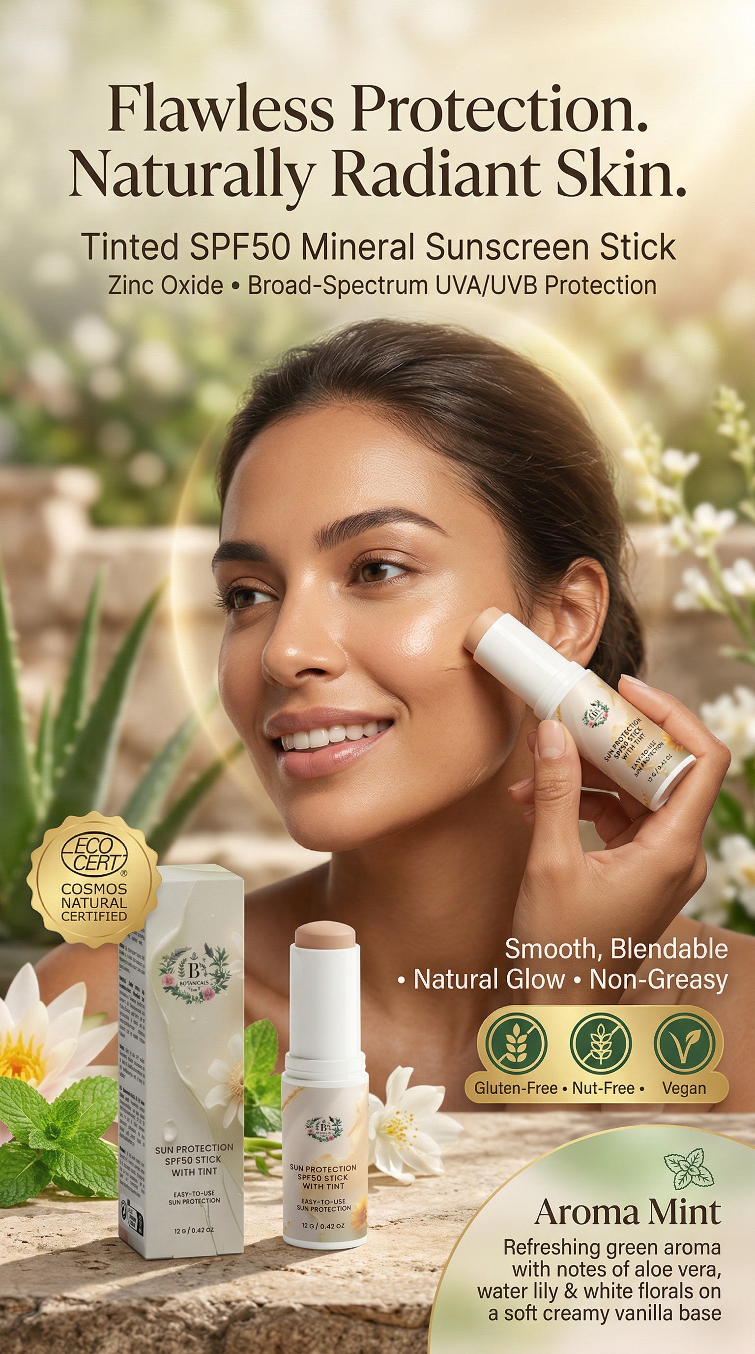 Tinted SPF50 mineral sunscreen stick with a woman applying it, surrounded by nature-themed elements.