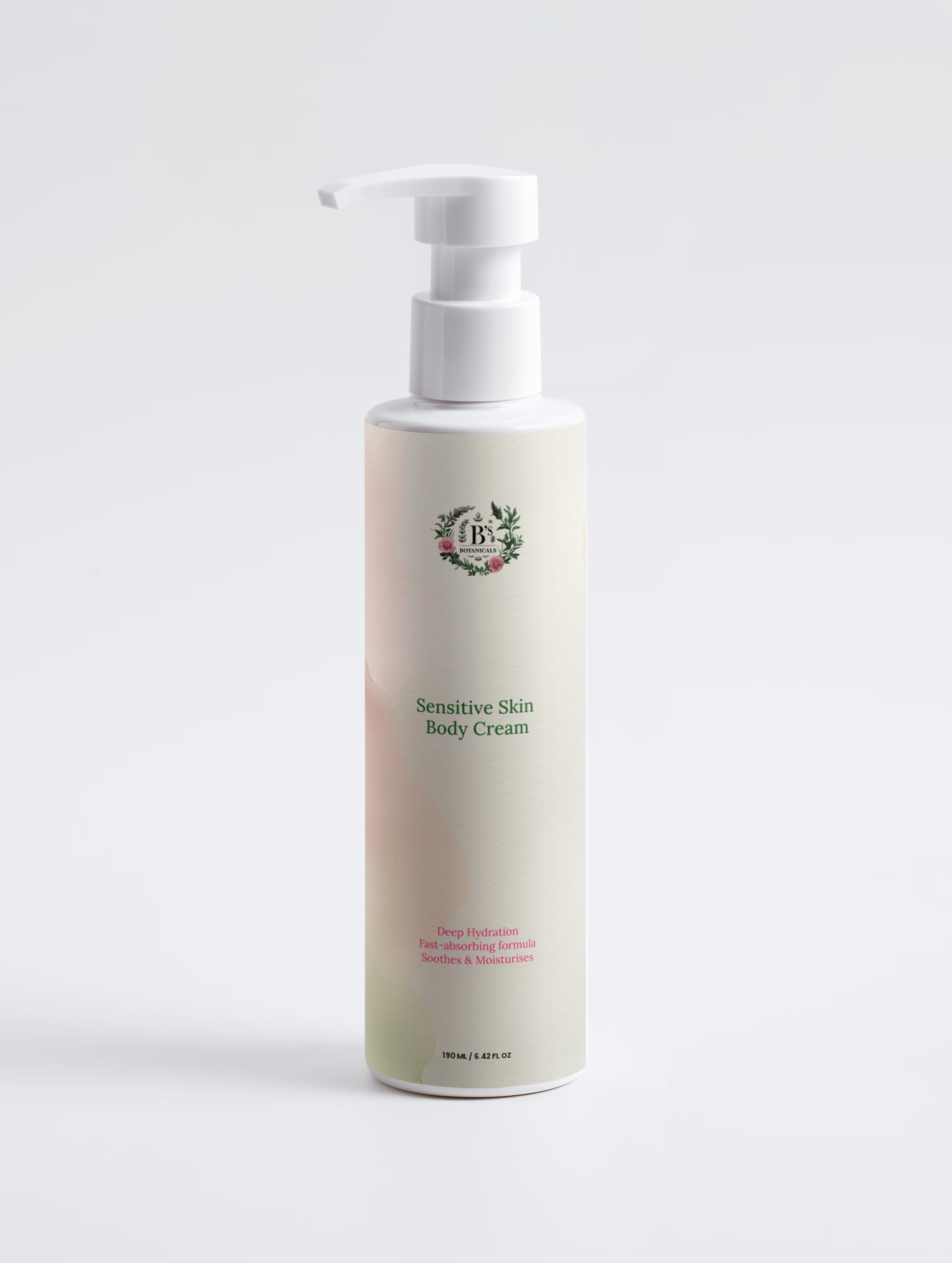B’s Botanicals sensitive skin body cream with shea butter, cocoa butter, aloe juice, sodium PCA, jasmine, linden and plum extracts.