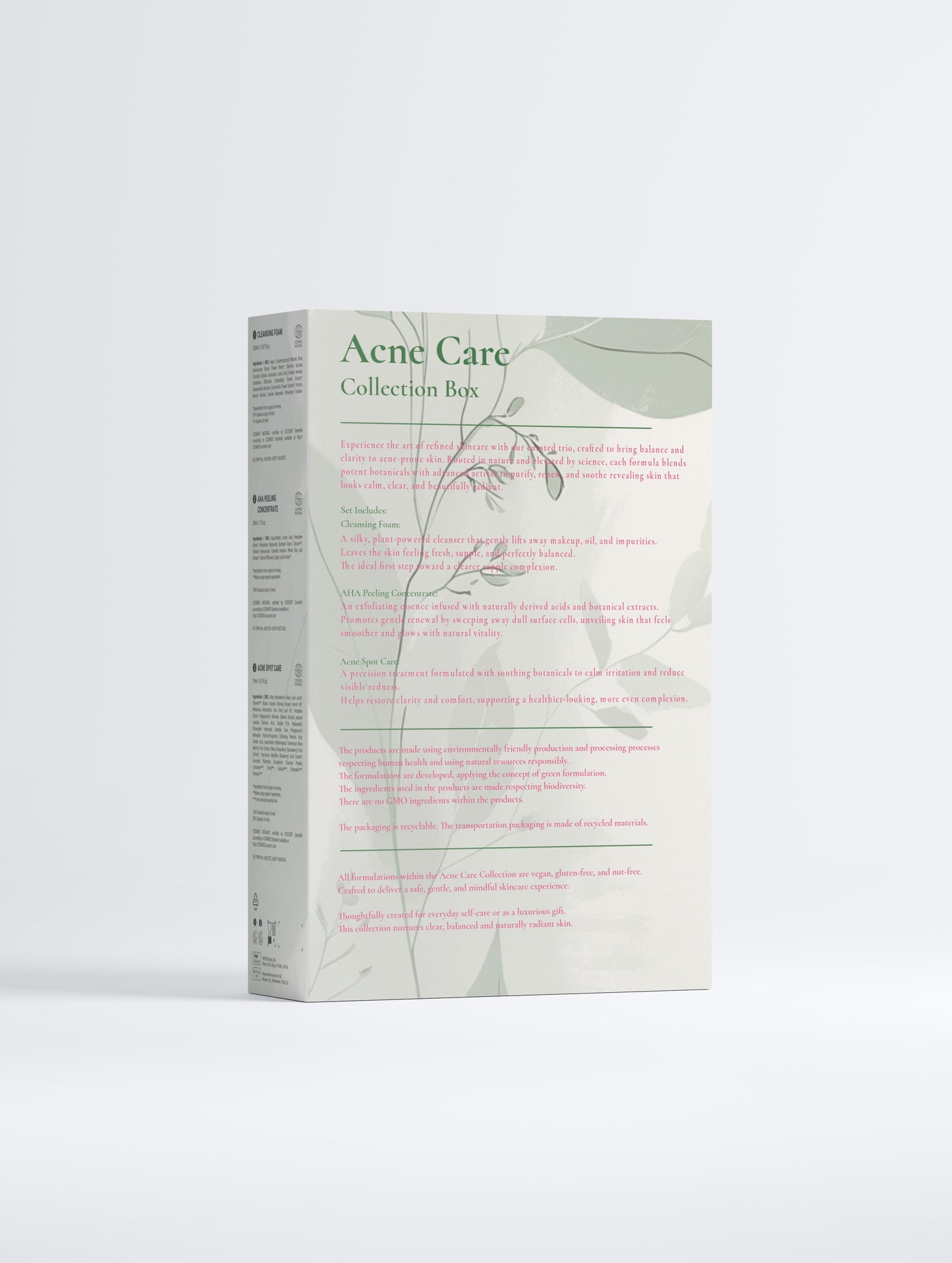 Acne Care Collection Box with botanical design on a white background