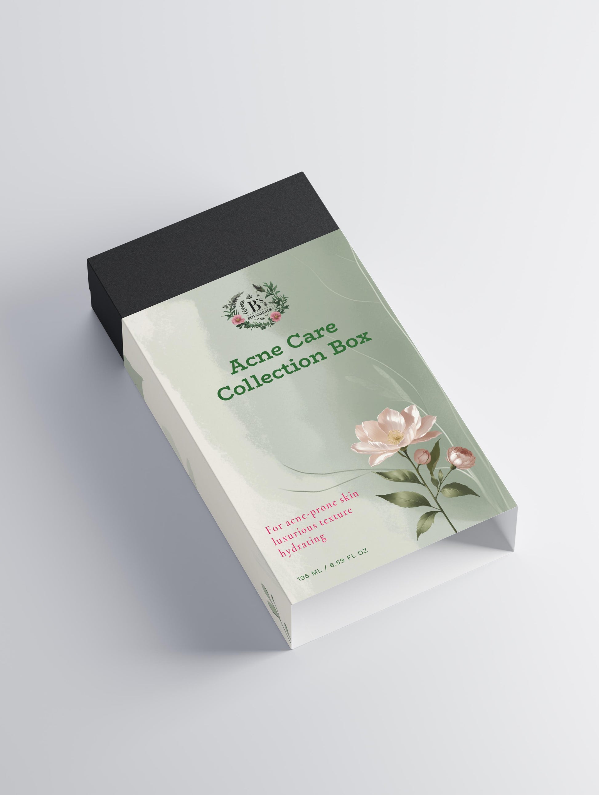 Acne care collection box with floral design on a light gray background