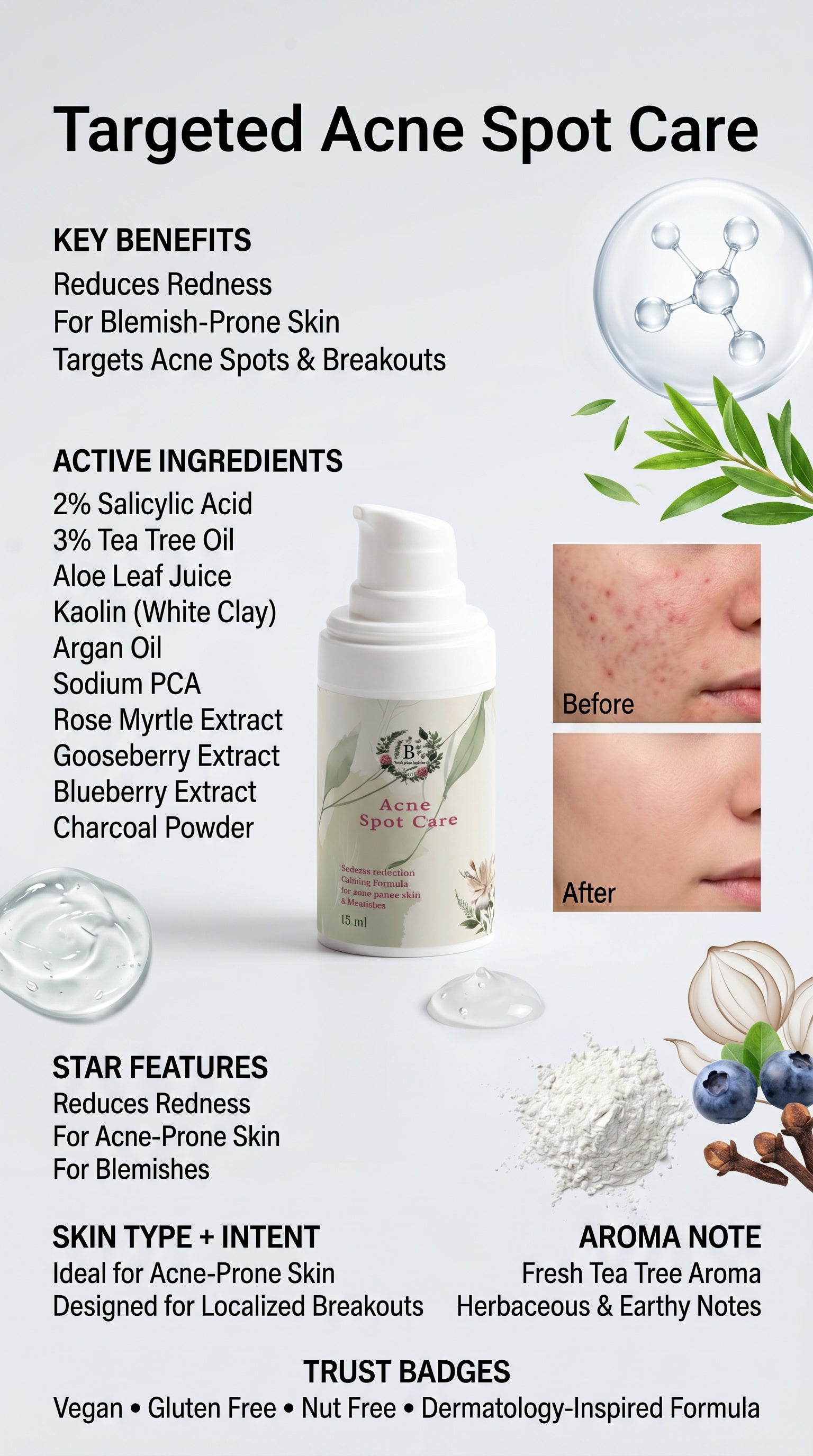 Acne spot care product with key benefits, active ingredients, and before-and-after effects on a light background.