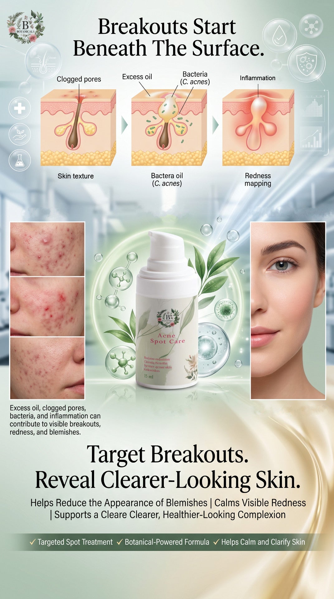 Targeted acne spot treatment designed to help calm breakouts, reduce redness, and support clearer-looking skin.