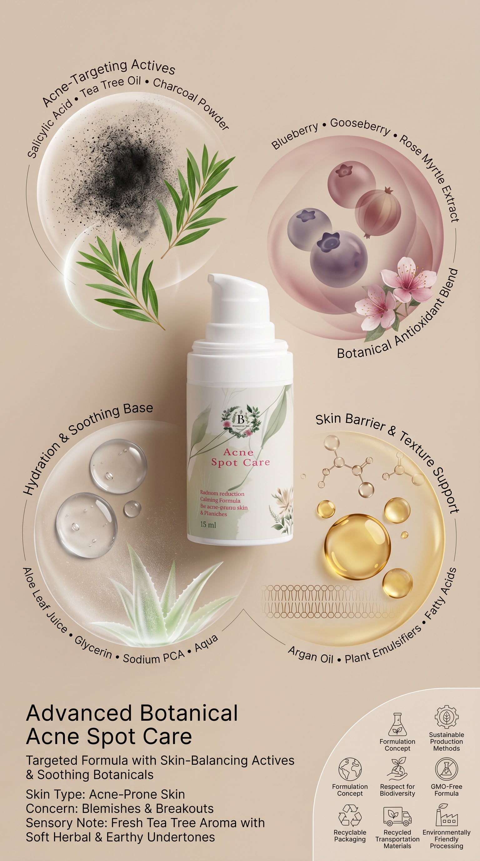 Skincare product with botanical elements and text on a beige background